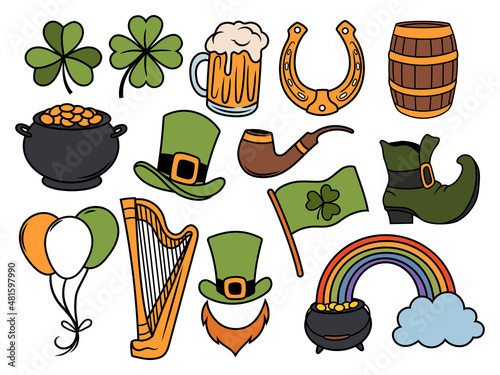 Set of Happy St. Patrick's Day symbols. Collection of elements St. Patrick's Day clover, leprechaun hat, pot of gold coin, glass bear. Vector illustration isolated on a white background.