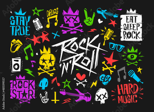 Rock n Roll doodle style colorful punk elements vector set. Psychedelics Pock fashion isolated from black. Colorful grunge elements for Tee print design, print fabric texture