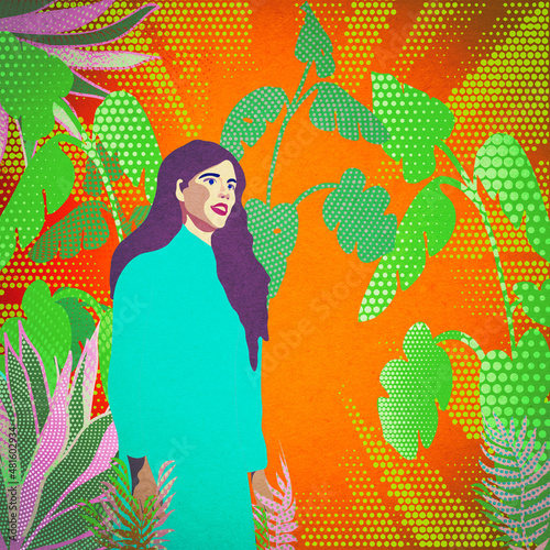Ilustracja młoda kobieta motywy roślinne w słonecznych barwach