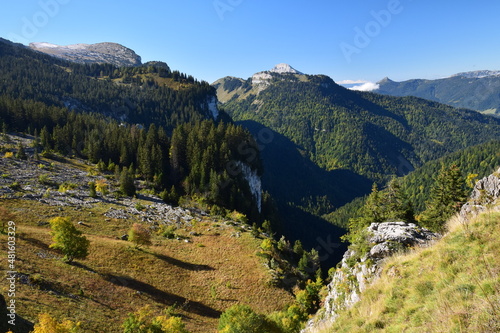 La Dent de Crolles (alt 2062 m), le Roc d'Arguille (alt 1768 m) et le Chamechaude (alt 2082), vus depuis la cabane de Bellefont.