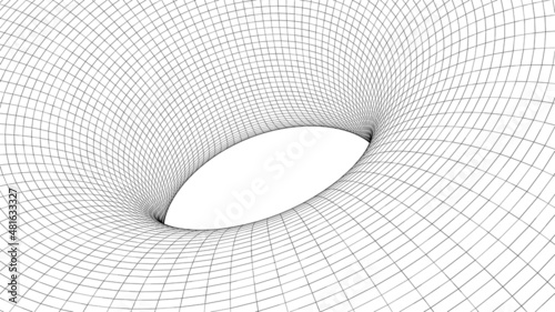  Vector illustration of a 3D wireframe tunnel. Mesh wormhole model representing fabric of space and time. 