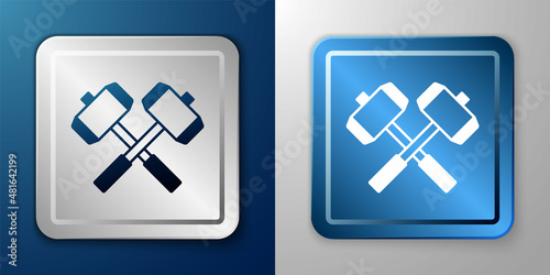 White Medieval crossed battle hammers icon isolated on blue and grey background. Silver and blue square button. Vector
