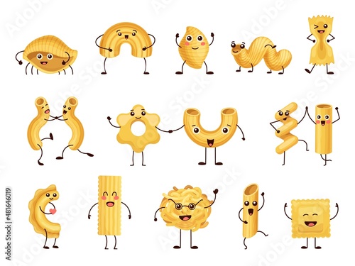 Cartoon funny pasta characters, italian macaroni mascot emoji. Comic happy spaghetti, penne and fusilli with face, hands and legs vector set
