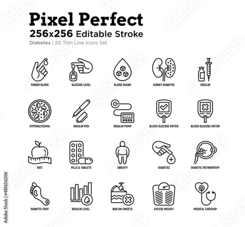 Diabetes thin line icons set: blood test, glucometer, glucose level, insulin pen, hyperglycemia, insulin pump, diabetic retinopathy,, obesity. Pixel perfect, editable stroke. Vector illustration.