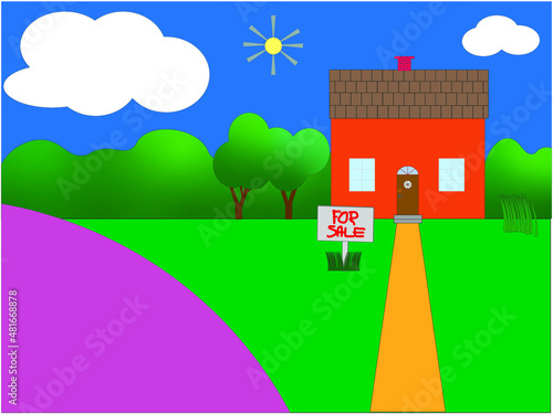 Grafika wektorowa przedstawiająca mały domek w otoczeniu zieleni, przy którym stoi tablica z napisem "For sale". 