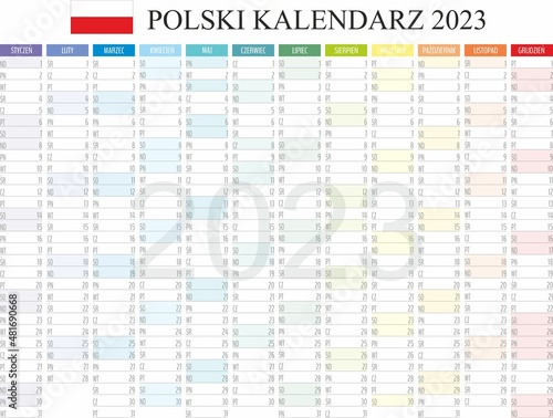 Kalendarz polski 2023, planer, planowanie miesięczne, szablon kolorowy kalendarz na rok 2023 tygodnie, miesiące, język polski, zestaw 12 miesięcy, ilustracja wektorowa kalendarza do druku