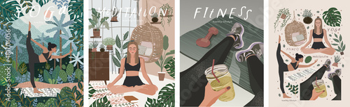 Fitness, yoga and meditation. Vector illustrations of a healthy lifestyle, proper nutrition, people involved in sports in nature, at home and in the studio
