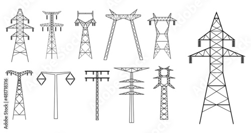 set of high voltage electric line icon or towers high voltage pylons power transmission or electric pylons pole network. eps vector