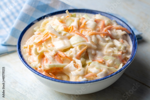 Coleslaw salad close up on a bowl. Cabbage, carrot salad. (Turkish name; lahana salatasi)