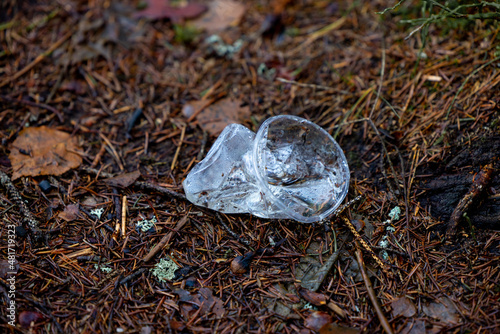 Plastic cup in the spring forest. Plastic garbage in nature. Spring forest with garbage. Ecological catastrophe. Pollution of the environment with garbage.