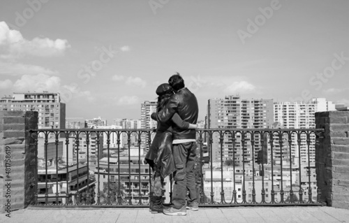 Monochrome Image of Couple Embracing at the View Point of Santa Lucia Hill, Santiago, Chile, South America
