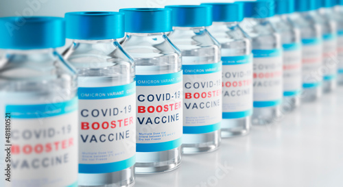 Booster vaccination concept with syringe and bottles of vial - 3D illustration