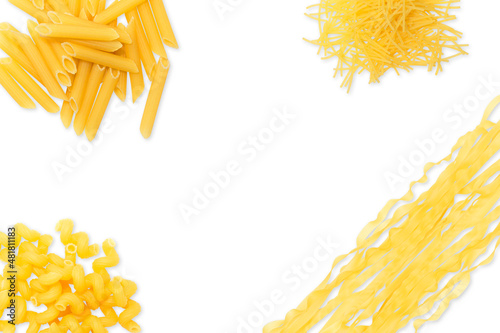 Creative layout of pasta of different types on a bright background. copy space