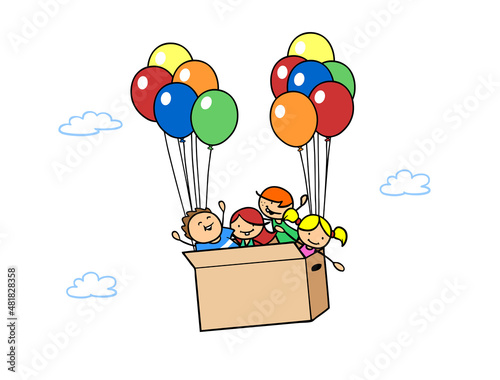 Gruppe glücklicher Kinder fliegt in Karton mit Ballons