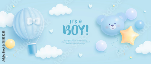 Baby shower horizontal banner with cartoon hot air balloon, helium balloons and clouds on blue background. It's a boy. Vector illustration