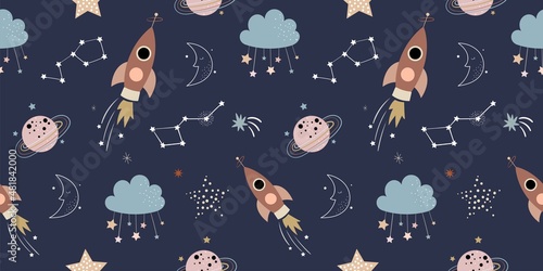 Space seamless pattern for kids, children.Wallpaper nursery room, background for gift paper, doodle style