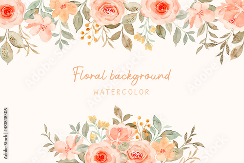 Peach rose flower watercolor frame background