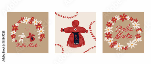 Baba Marta Day. Martenitsa, white and red strains of yarn, Bulgarian folklore tradition, welcoming the spring in March, adornment symbol, isolated on grey background vector illustration
