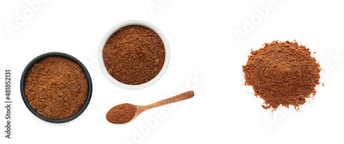Set with nutmeg powder on white background, top view. Banner design