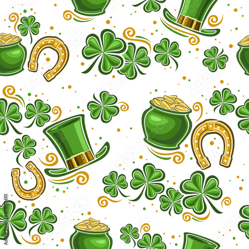 Vector Patrick's Day Seamless Pattern, square repeating background with illustrations of decorative shamrock leaves and cartoon saint patricks symbols, festive floral ornament for white wrapping paper