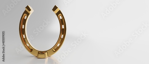 Gold shiny horseshoe isolated on white empty background. Copy space, banner. 3d illustration