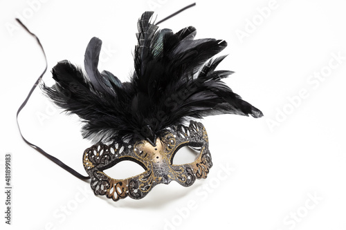 Carnival mask brown color with black feather decoration isolated on white background