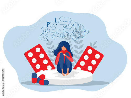 Woman with health problem anxiety sitting on large pill surrounded by drugs. Mental stress panic mind disorder illustration Flat vector illustration.