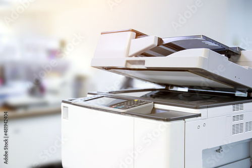 Copier printer, Close up the photocopier or photocopy machine office equipment workplace for scanner or scanning document and printing or copy paper duplicate and Xerox.