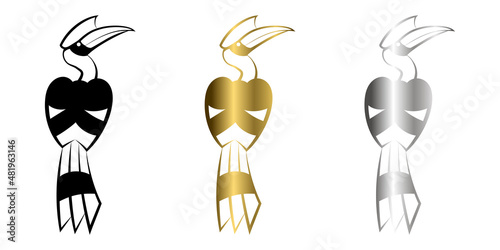 Three color black gold and silver vector logo of hornbill that is hanging on a branch. It's back view