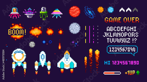 Pixel Art 8 bit arcade video game objects with space ships. 90s retro style 8 bit computer game. Pixelated Space arcade elements template vector illustration