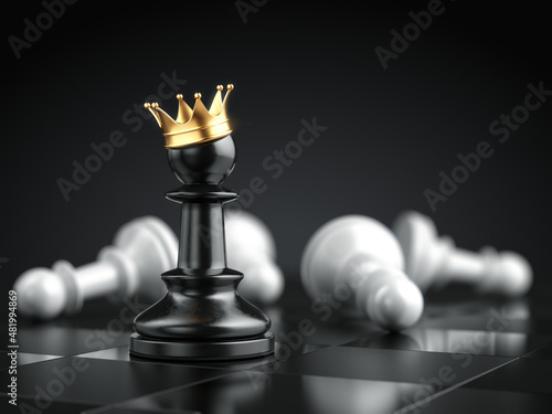 Chess pawn with crown on chess board game. Success strategy startup busines concept. 3d rendering