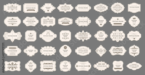 Set of ornamental label vintage frames, form and shape. Vector emblem decorative card, ornate luxury design tag illustration