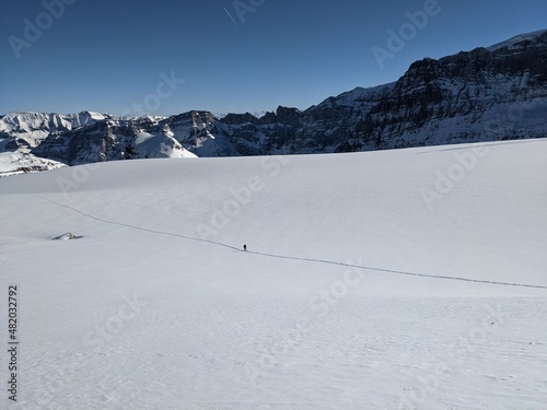  ski tour on the big clariden glacier in swiss in the cantons of uri and glarus. Mountaineering in winter. Piz Russein