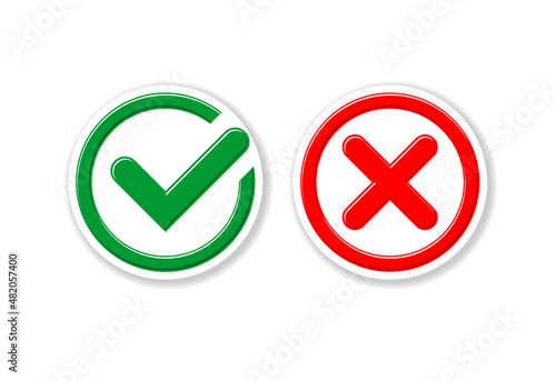 Yes or no, approved or rejected green and red checkmarks in round for buttons or stickers. Illustration, vector