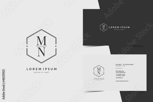 simple hexagon MN monogram logo icon. Modern elegant minimalist design with professional business card template
