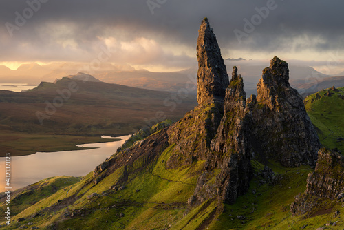 Dramatic clouds over Iconic view of The Old Man of Storr, Isle of Skye, Scotland, UK.