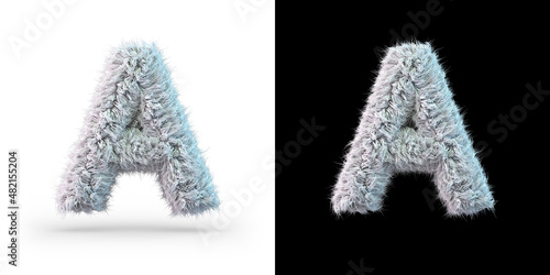 Capital letter A. Uppercase. White fluffy font on black and white background. 3D