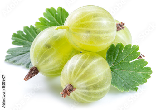 Green ripe gooseberries on white background. Close-up.