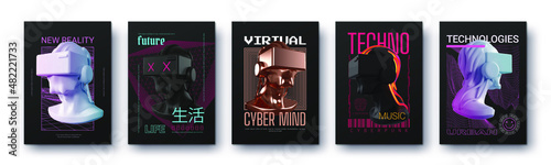 Modern collection of posters in the style of Techno, Rave music and technology of the future virtual reality with plaster heads. Print for clothing sweatshirts and t-shirts isolated on black backgroun