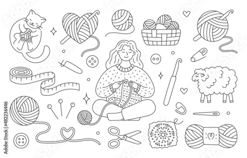 Crochet doodle illustration including - girl knitting clothes, cat playing with wool yarn ball, sheep, hook, skein. Hand drawn cute line art about handmade. Drawing for coloring. Editable Stroke