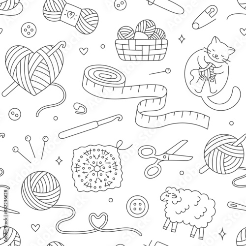 Knitting, crochet seamless pattern. Vector background with doodle illustration - cat playing with wool yarn ball, sheep, hook, skein, measuring tape. Black and white line art about handmade