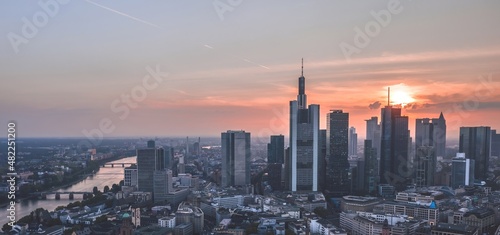 Beautiful skyline in Frankfurt am Main, Germany. Wide panoramic cityscape at sunset.