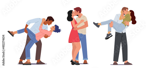 Set of Happy Loving Couple Kissing, Men and Women Characters Spend Time Together Hugging and Rejoice with Partners