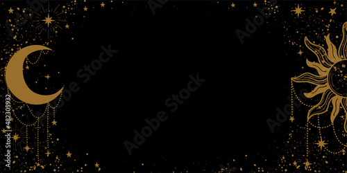 Esoteric boho banner, golden sun and moon with decorations and stars on a night black background. Card for tarot, astrology, yoga, witch. Modern vector illustration with copyspace.