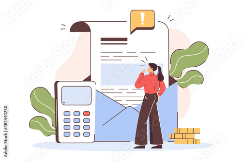 Flat worried woman have list of credit debts and overdue bills. Girl reading letter from collection agency about financial problems, loans and unpaid tax. Calculation and payment of expenses concept.