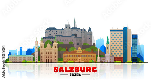Salzburg (Austria) city skyline vector at white background. Flat vector illustration. Business travel and tourism concept with modern buildings. Image for banner or website.