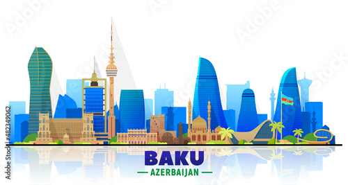 Baku (Azerbaijan) city skyline silhouette vector at white background. Flat vector illustration. Business travel and tourism concept with modern buildings. Image for banner or website.