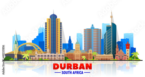 Durban (South Africa) skyline with panorama at white background. Vector Illustration. Business travel and tourism concept with modern buildings. Image for banner or website.