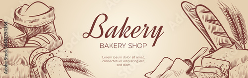 Bakery shop banner with hand drawn bread and pastry