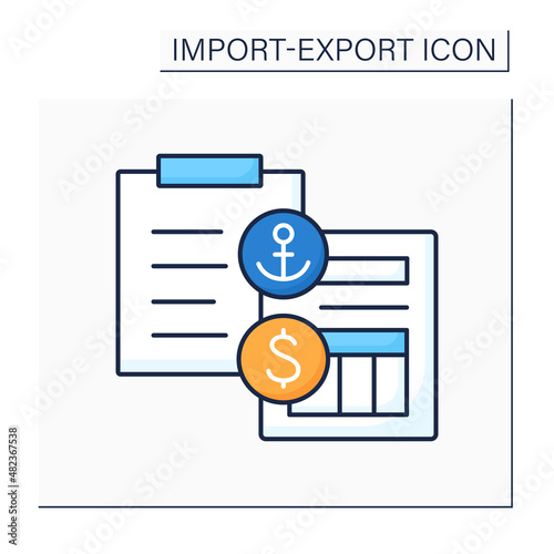 Receipt color icon. Legal document between shipper and carrier. Ship cargo detailed list. Bill of lading given by ship master. Import and export concept. Isolated vector illustration